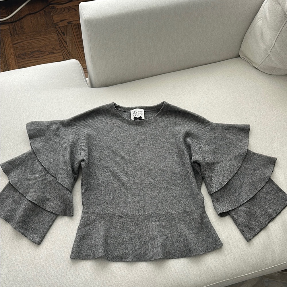 Edward Achour Paris Grey Trumpet Shaped Ruffled Sleeve Sweater. Size FR38